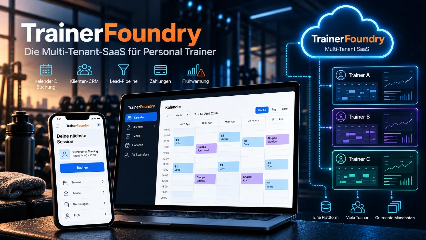 Laptop mit dem Wochenkalender der Multi-Tenant-SaaS TrainerFoundry und Smartphone mit der Klienten-App; rechts eine Cloud mit drei getrennten Trainer-Mandanten auf einer gemeinsamen Plattform.